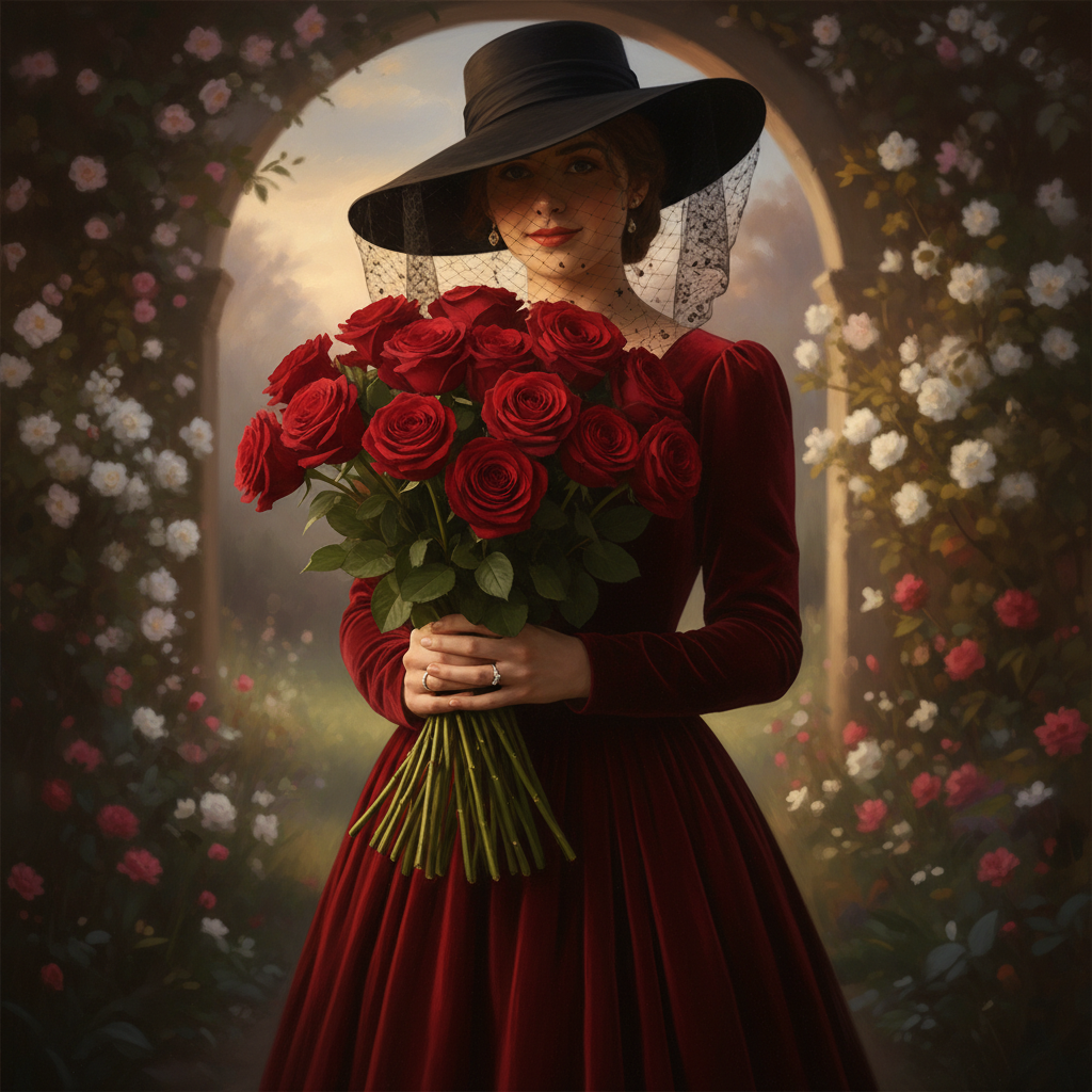 Mujer recibiendo ramo de rosas rojas