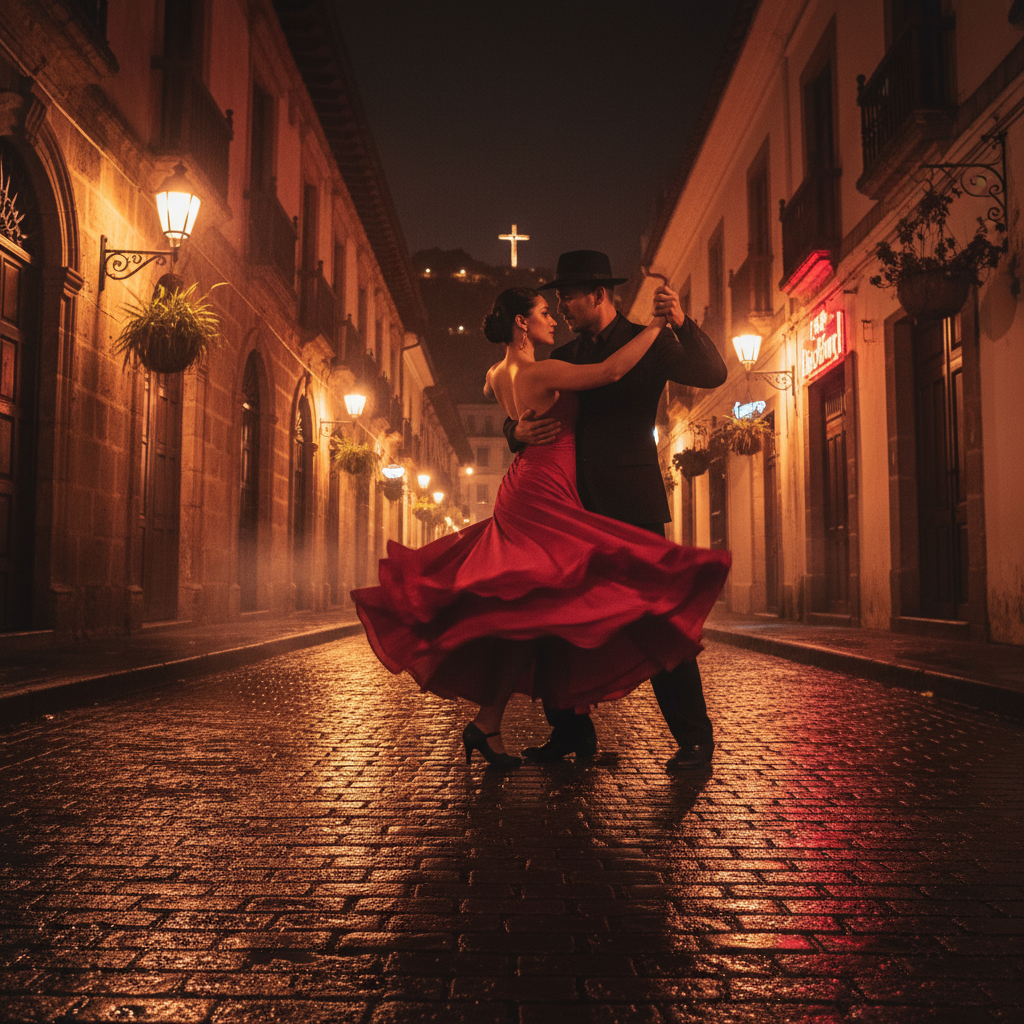 Pareja bailando tango en una noche dramática en Medellín